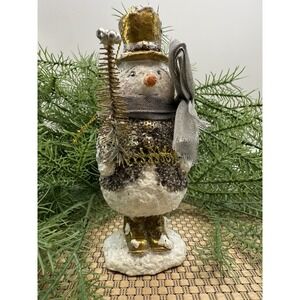 Vintage Style Resin Snowman Figurine Gold Top Hat Bottlebrush Tree